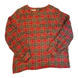 Silk Land Blouse Womens Large Red Plaid 100% Pure Silk Long Sleeve Crew Neck Top